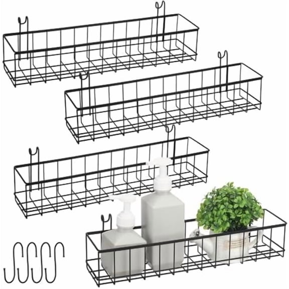 4 Pcs Hanging Wire Basket with S Hooks, 15.8'' x 3.9'' x 3.2'' Grid Panel Wall Shelf Black Mount Basket for Kitchen Bathroom Grocery Store, Large$$Home Decor, Kitchen, & Other
