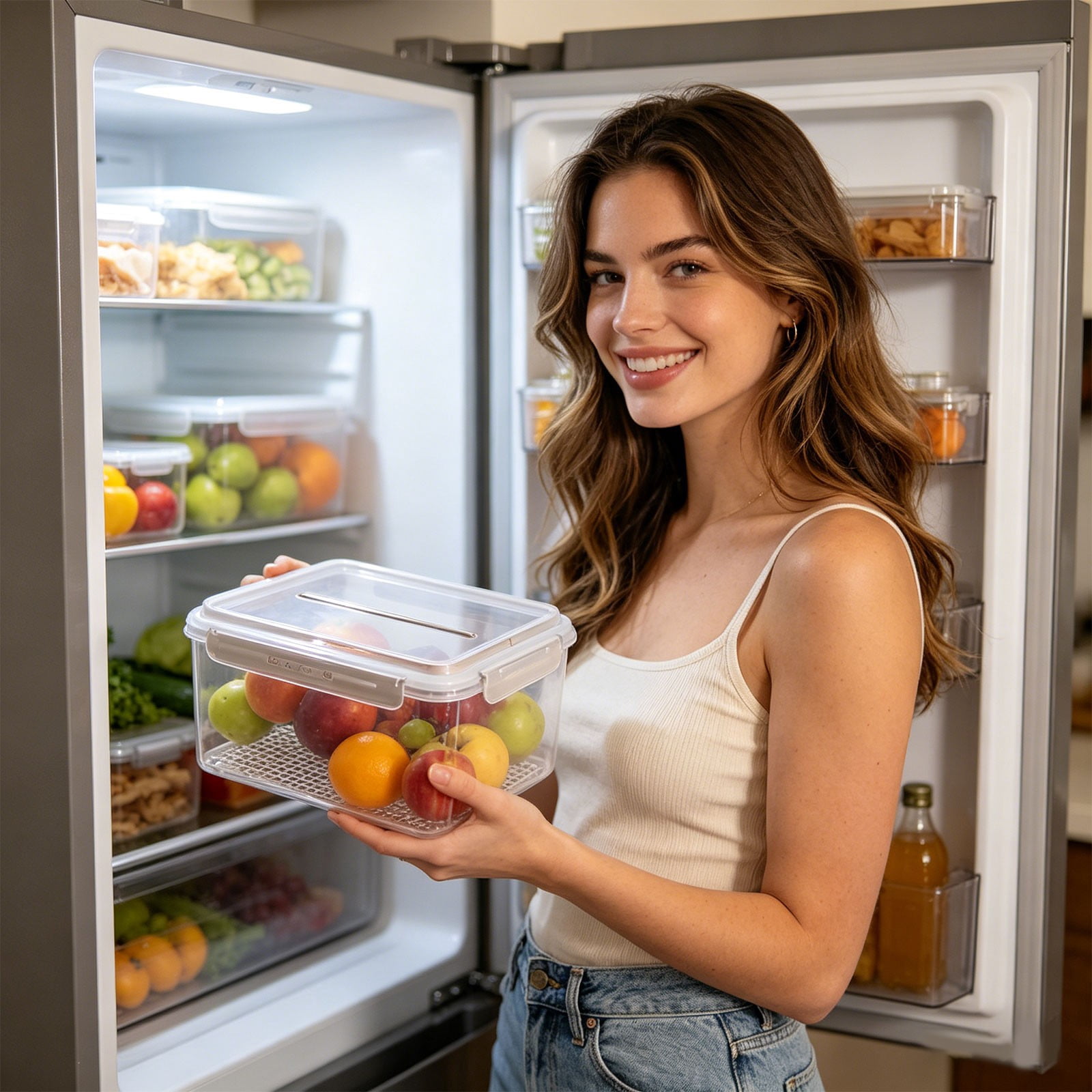 Leak-Proof Double Layer Drain Food Container with Handle, Large Capacity Airtight Storage Box for Fridge Picnic Meat Vegetable Fresh Preservation, 6L