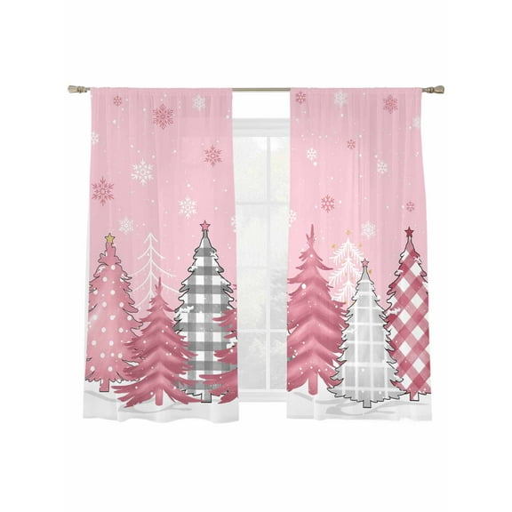 Christmas Pink Sheer Curtains 2 Panels Set, Snowflake Stars Xmas Tree Window Sheer Curtains for Living Room/Bedroom, Light Filtering Rod Pocket Voile Drapes, 52" W x 72" L