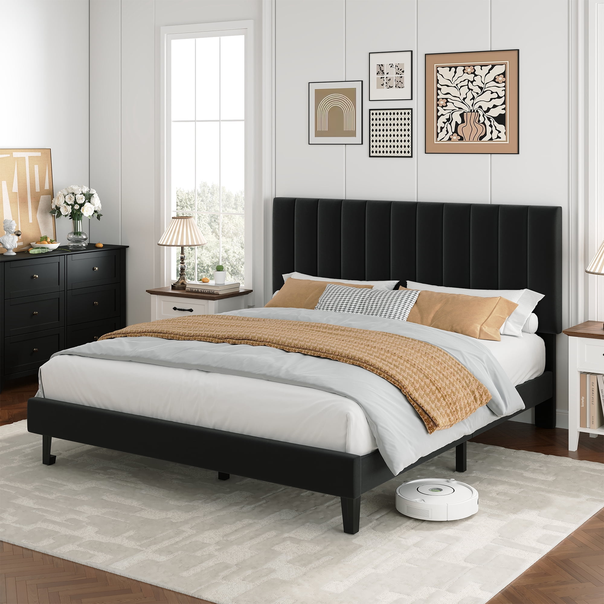 CazToi Queen Size Upholstered Bed Frame with Vertical Channel Tufted Headboard Sturdy Wooden Slats Noise Free