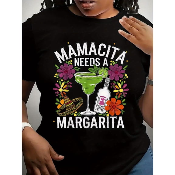 Women's Black Graphic Tee with Mamacita Margarita Print, S-5XL Plus Size T-Shirt, Casual Funny Style Top for Cocktail Enthusiasts