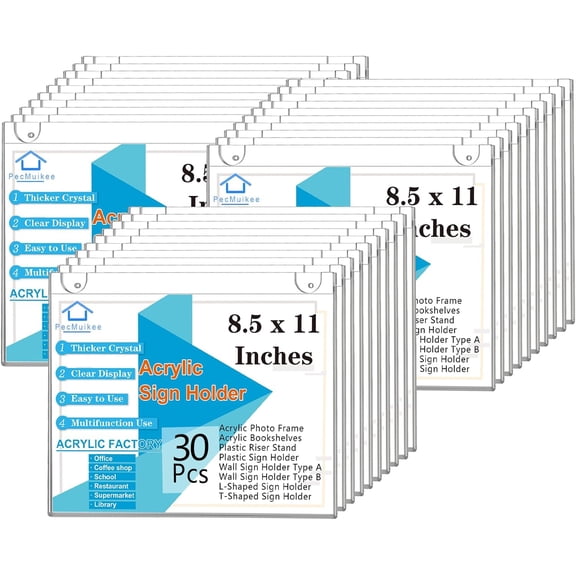Horizontal Acrylic Sign Holder 8.5x11, Wall Mount Acrylic Sign Holder and Plastic Paper Display Ad Frame Bonus with 3M Tape and Mounting Screws for Restaurant, Office, Market, Library,