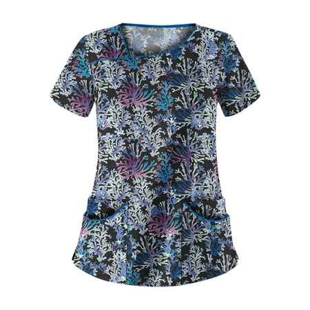 

Working Uniforms Scrub Tops V Neck Floral Printed Crewneck Short Sleeve Tee Vintage Flannel Shirts for Women