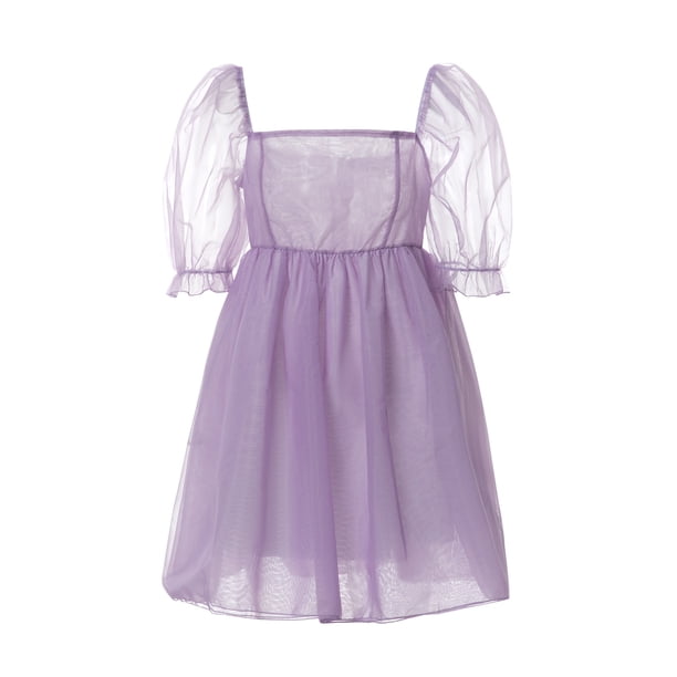 Sunloudy Vestido de princesa de malla para mujer, Adultos Transparente Color sólido Manga farol Cuello cuadrado Una pieza Sunloudy S, M, L
