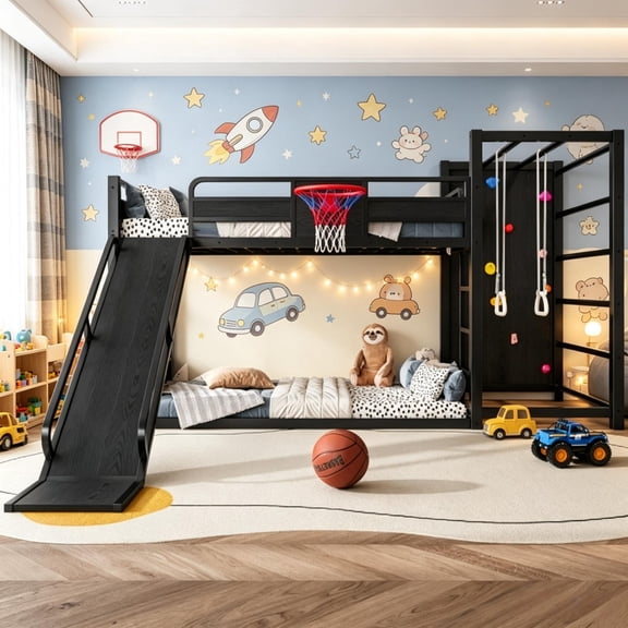 Bellemave Metal Bunk Bed with Slide, Twin Over Twin Bunk Bed with Basketball Hoop, Pull-up Rings and Climbing Wall, Twin Size Loft Frame with Bookcase & Under-Bed Space, Black