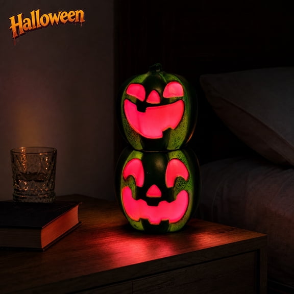 Qocolcyl Stacked Resin Watermelon Jack O Lantern Light, Summerween Double Pumpkin LED Lamp, Halloween Decorations Indoor Outdoor, Spooky Mantel Porch Tabletop Fall Summer Holiday Decor Gift