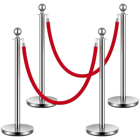 SPECSTAR Stainless Steel Stanchion Post Queue with 2 Red Velvet Ropes Crowd Control Barriers with Fillable Base(4 PCS Silver)