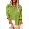 thumbnail image 2 of YEYLANERS Womens Cotton Linen Shirts Long Sleeve Button Down Collared Blouses for Women Summer Casual Roll Up Solid Color Tees Women Work Office Tunic Tops，Mint Green，S, 2 of 8