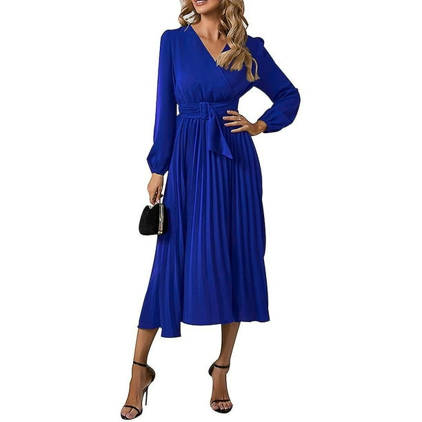 Womens Elegant Long Sleeve Midi Dress Belted Party Wedding Guest Office Dresses