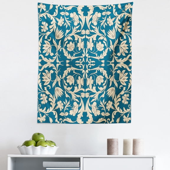 Chinese Tapestry, Far Eastern Scroll Pattern with Floral Curls Oriental Flourish, Fabric Wall Hanging Decor for Bedroom Living Room Dorm, 5 Sizes, Petrol Blue and Cream, by Ambesonne