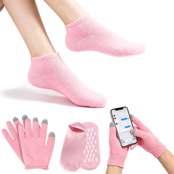 Touchscreen Moisturizing Gloves and Socks Set, Hand and Feet Care for Chapped and Dry, Gel Spa Moisturizing Therapy Sock & Glove, Pink