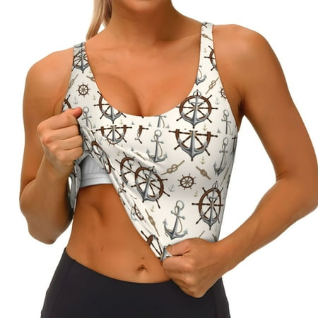 Qokaie Anchors with Rope Pattern Womens Scoop Neck Sports Bra Breathable Workout Vest Padded U Back Medium Impact Fitness Gym Yoga Bra Workout Crop Top