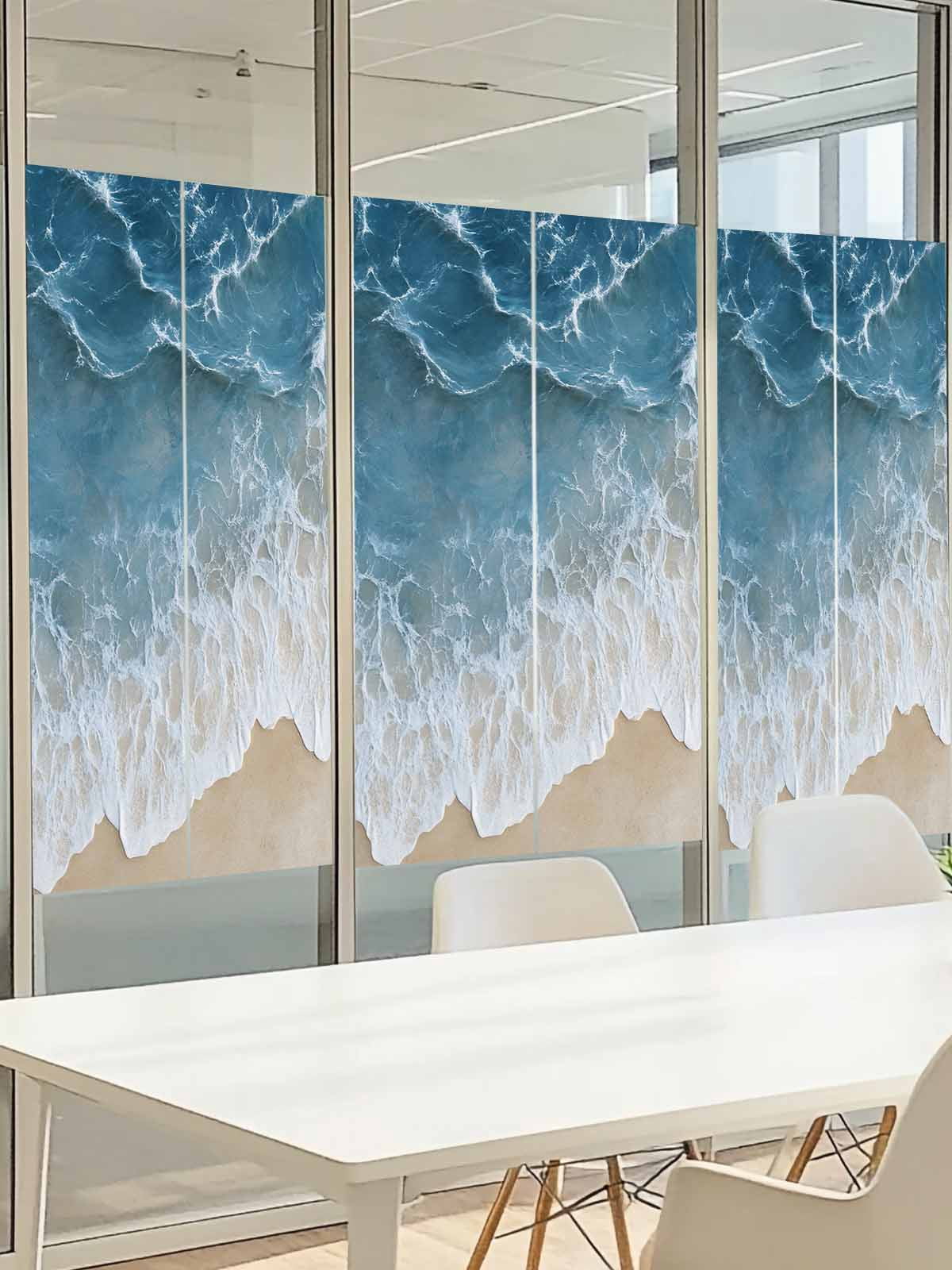 Wave Effect Modern Art Window Privacy Film, Abstract Blue Beach Frosted Glass Window Clings Static Cling UV Heat Blocking Reusable Door Sticker for Bathroom 23.6 x 59 Inch