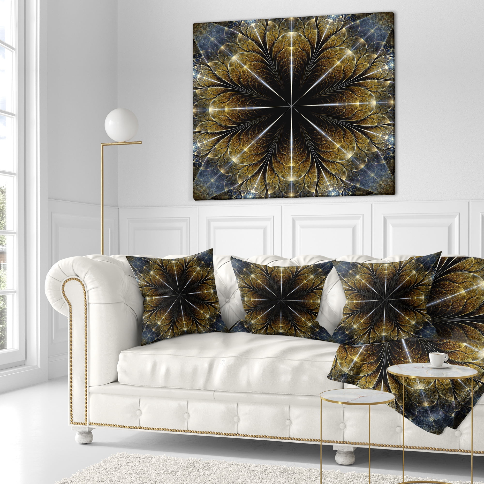 Designart Symmetrical Gold Fractal Flower - Abstract Throw Pillow - 18x18
