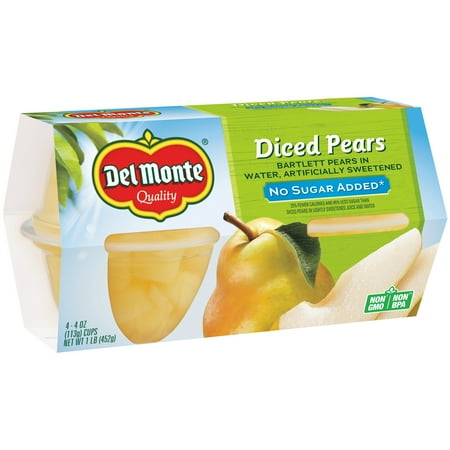- (4 Pack) Del Monte No Sugar Added Diced Pears in Water, 4 oz Cup, 4 Count Box