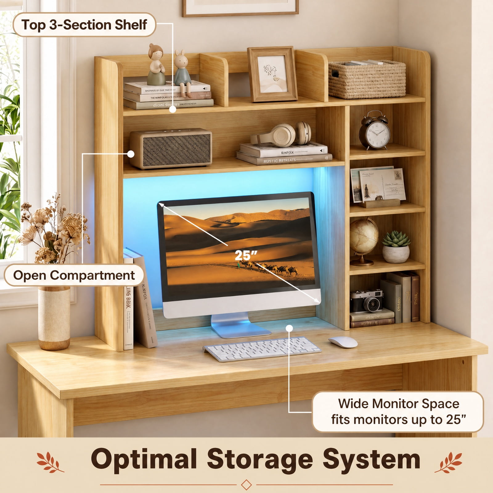 Furnibear Desktop Bookshelf with LED Lights 35.5 Inch Desk Hutch Storage Organizer and Adjustable Shelves for Home Office, Beige