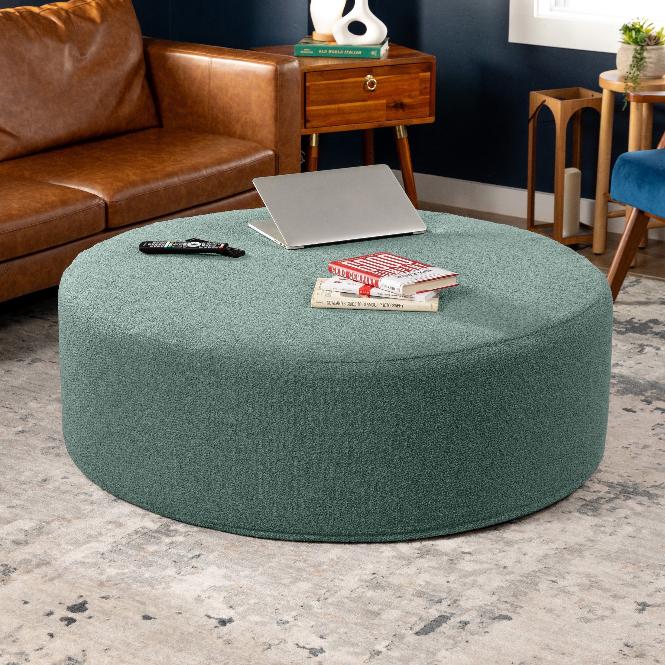 Jaxx Candler Round Coffee Table Ottoman, Oversized, 44-Inch, Boucle Green