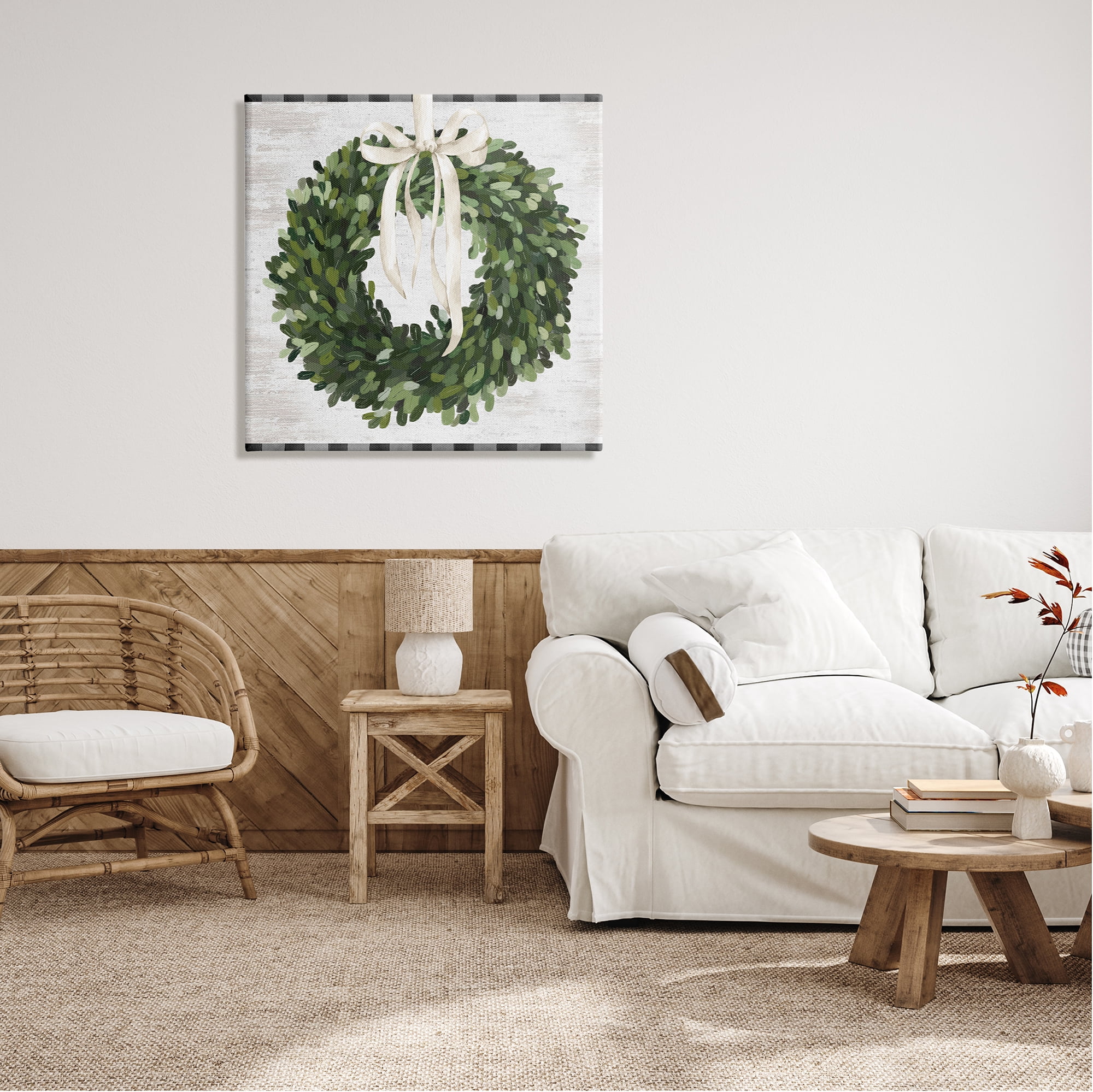 Stupell Industries Country Wreath with Plaid Botanical & Floral Painting Gallery Wrapped Canvas Art Print Wall Art, 30 x 30