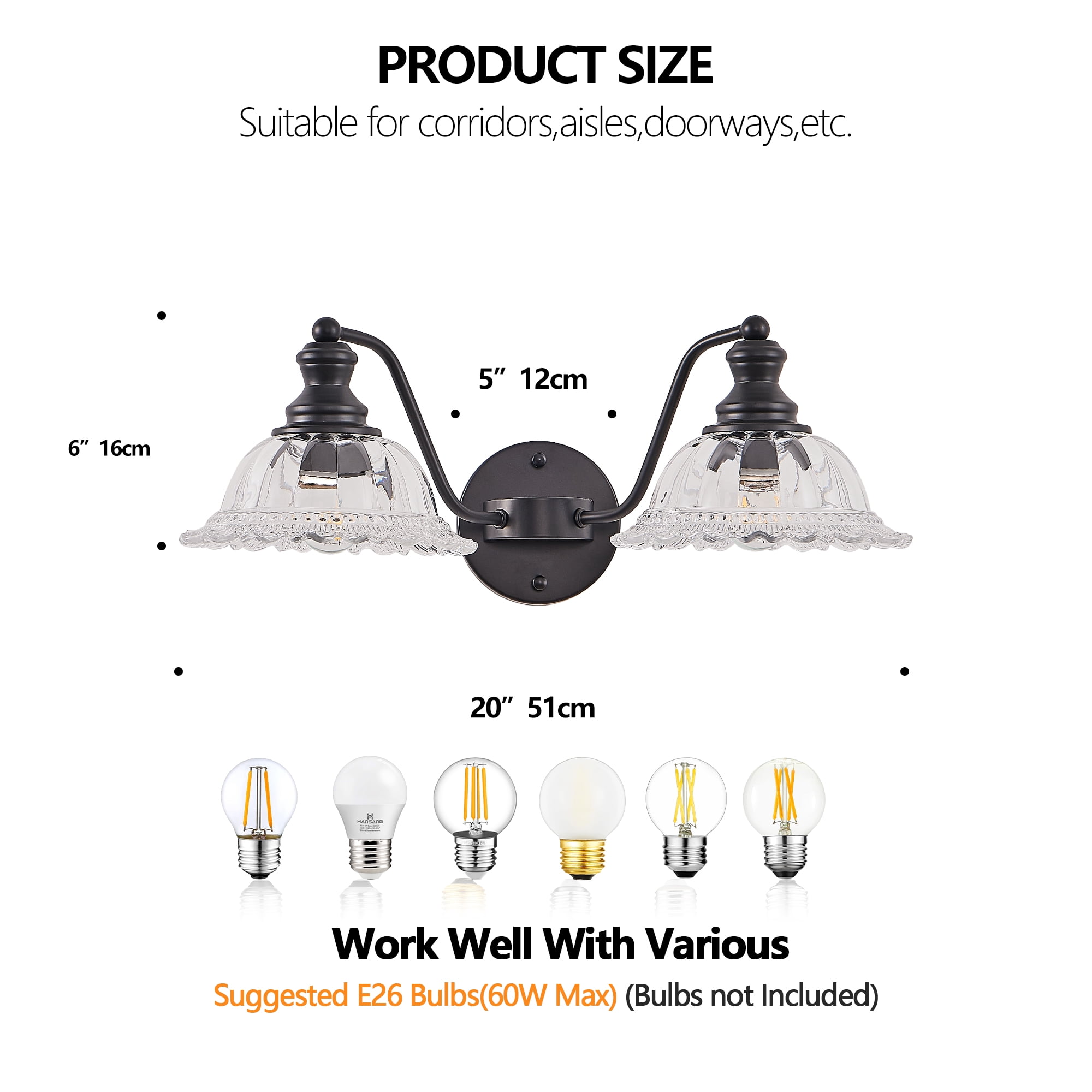 2-Light Bathroom Black Vanity Light Fixtures, Farmhouse Vanity Lights for Bathroom with Flower Glass Shade Wall Lights 20in