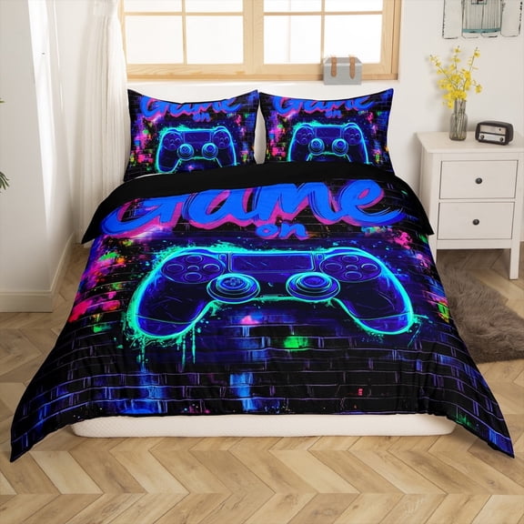 Erosebridal Video Game Comforter Cover Twin,Gamepads Gamer Bedding Twin Size,Abstract Geometric Duvet Cover Twin,Lightweight Neon Room Decoration(No Comforter),Reversible,3pcs