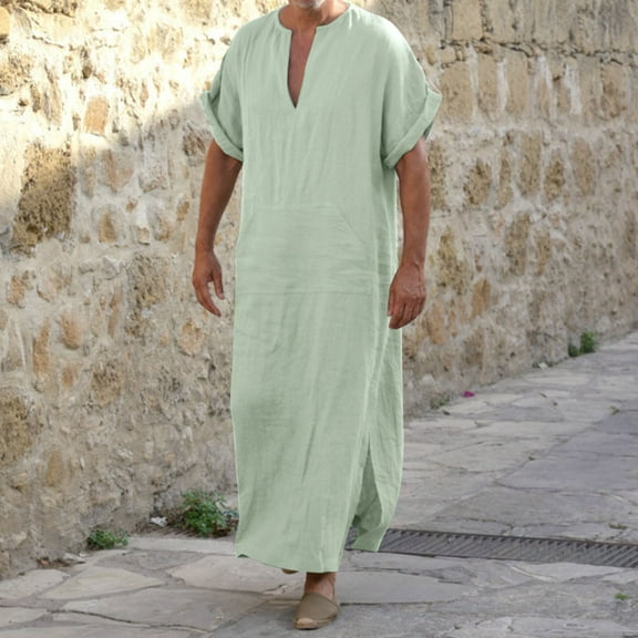 Thobe for Men Kaftan Casual Short Sleeve Long Gown Shirt V Neck Mens Muslim Clothing Green Robe Men