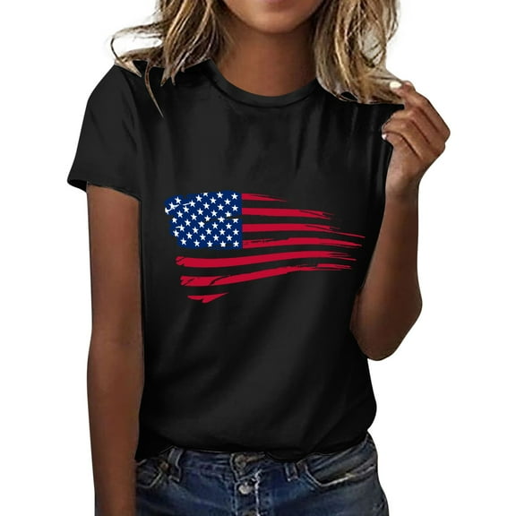 HEILAU American Flag Graphic T Shirts for Women Independence Day Shirt T Shirts Top Crewneck Short Sleeve National Print Patriotic Tops