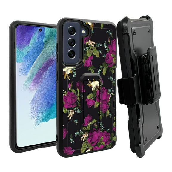ANJ  Rugged Dual Layer Shockproof Holster Case w/Card Slot, Kickstand   Tempered Glass for Samsung Galaxy S21 FE 5G - Enchanted Roses