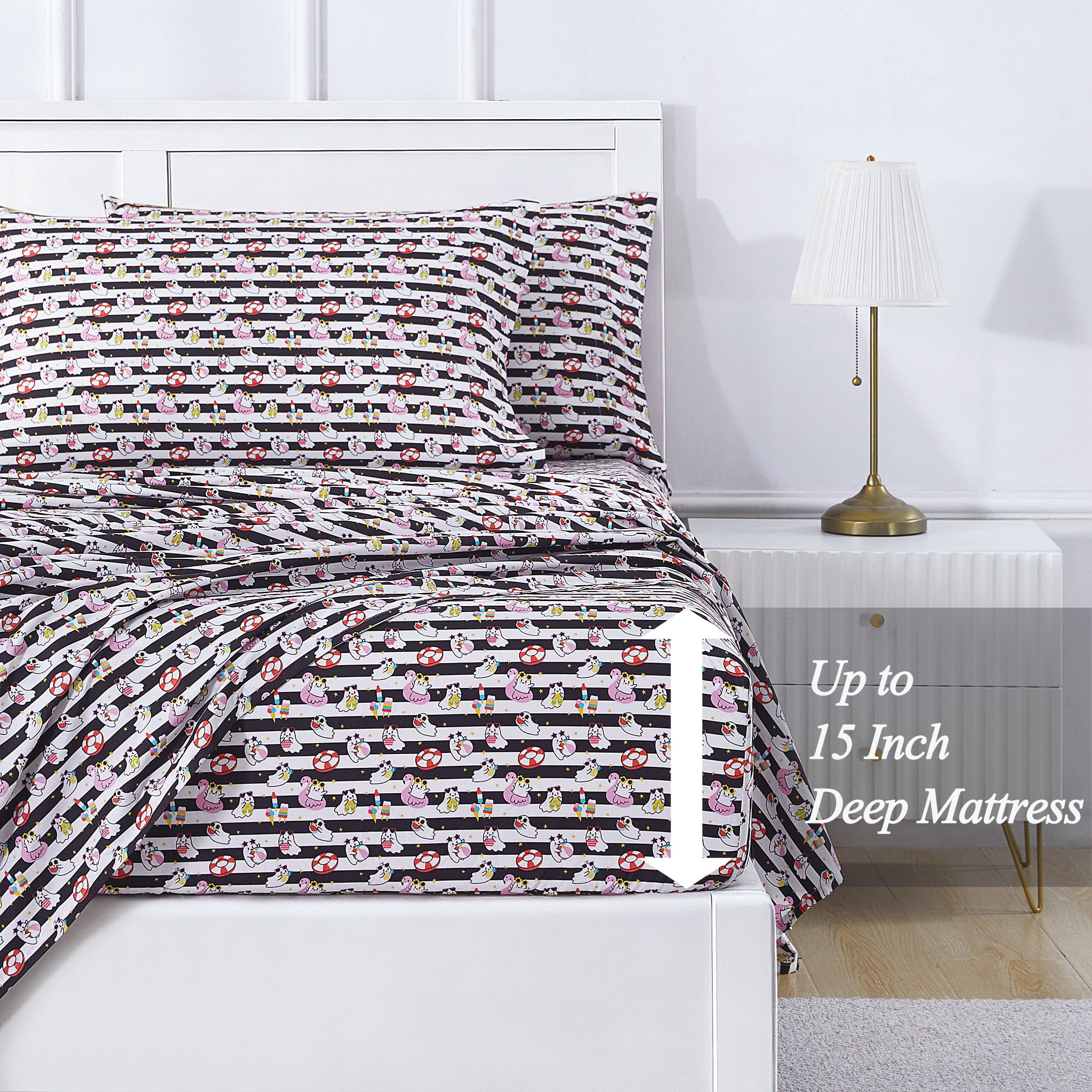 Summerween Soft Microfiber Sheet Set, Black & White Nautical Ghosts, Queen