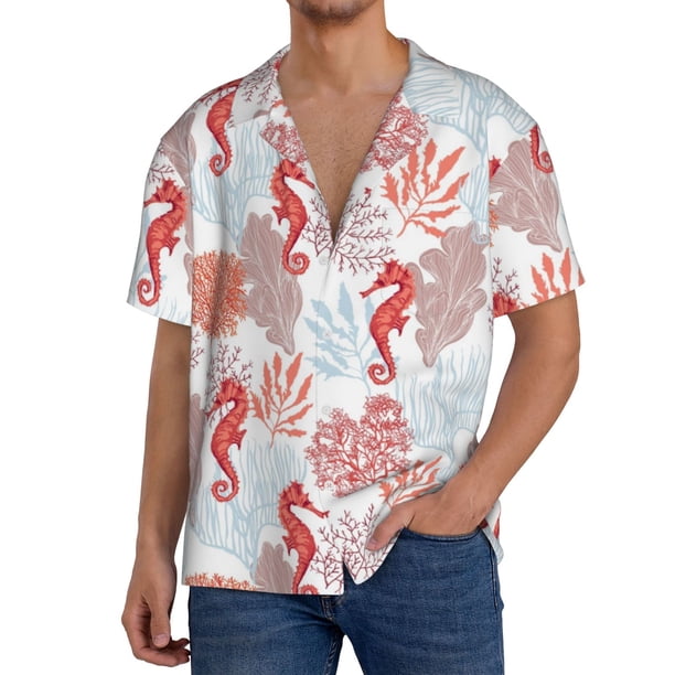 Fotbe Tropical Corals Seahorse Camisa Estampada de Manga Corta para Hombre, Casual de Verano, Estilo Playero, Sin Arrugas-Medium
