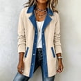 thumbnail image 3 of Sevevn Women's Color Block Denim Trim Corduroy Jacket Lapel Collar Button Down Long Sleeve Mid Length Casual Patchwork Outerwear Coat with Pockets Beige L, 3 of 9