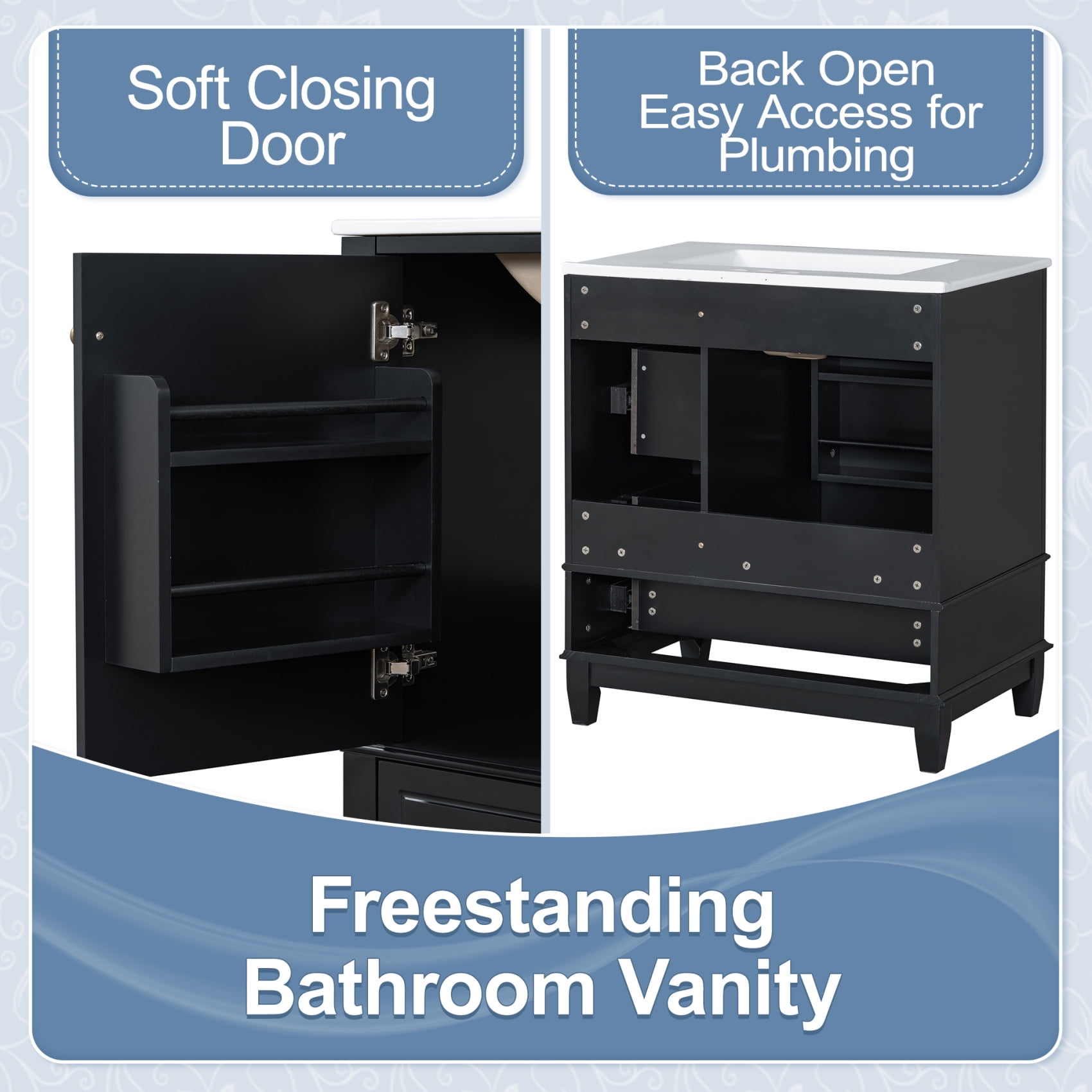30 Inch Freestanding Bathroom Vanity with Ceramic Countertop, 3 Soft Close Drawers & Solid Wood Cabinet for Compact Spaces, Black