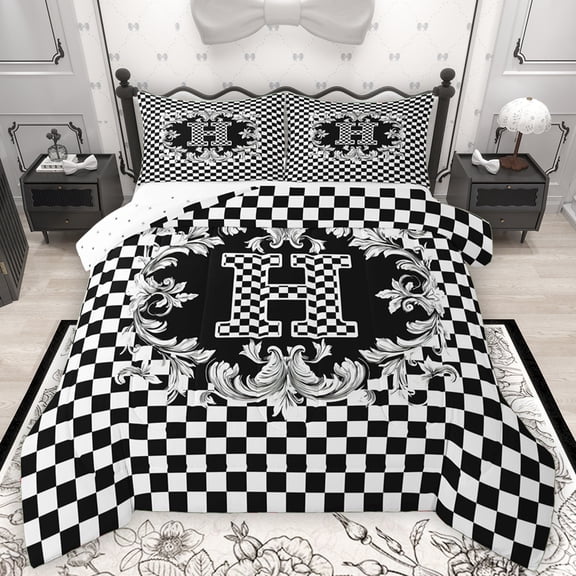 Manfei Plaid Letter H Bedding Comforter Set for Teens, Black White Monogrammed Twin Comforter Sets, Vintage Mandala Damask Reversible Bedding Set, Super Cozy Room Decor, 2pcs