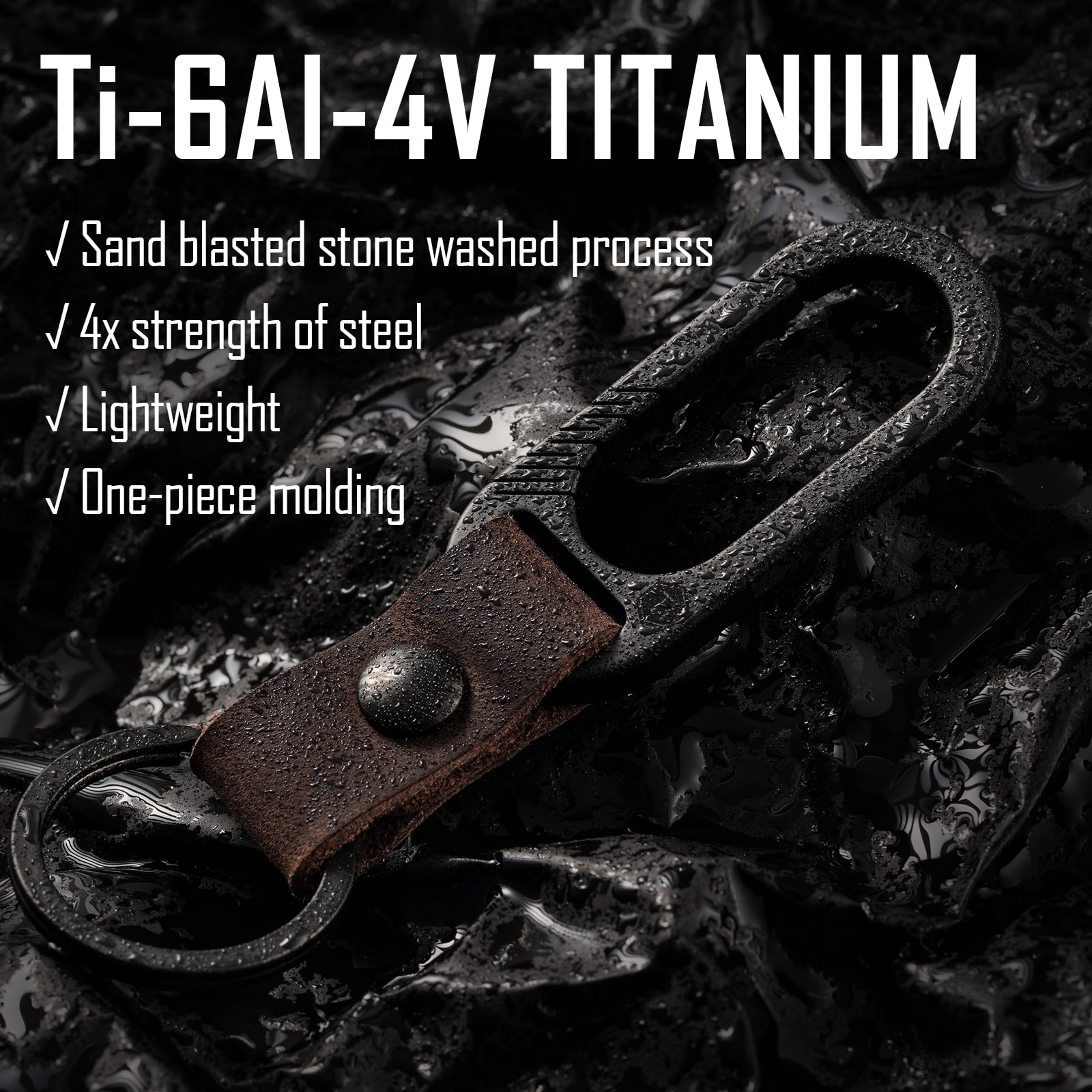 Key Unity KM02 Titanium Belt Clip Carabiner Leather Keychain Holder with Removable Stainless Steel Key Ring (PVD Black)