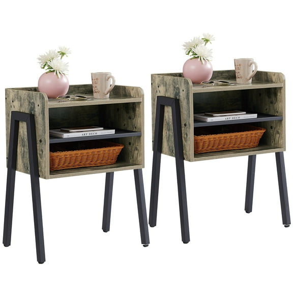 VECELO Set of 2 Side End Table/Stackable Bedside Stand with 2-tier Open Storage for Bedroom, Living Room and Small Spaces, Gray