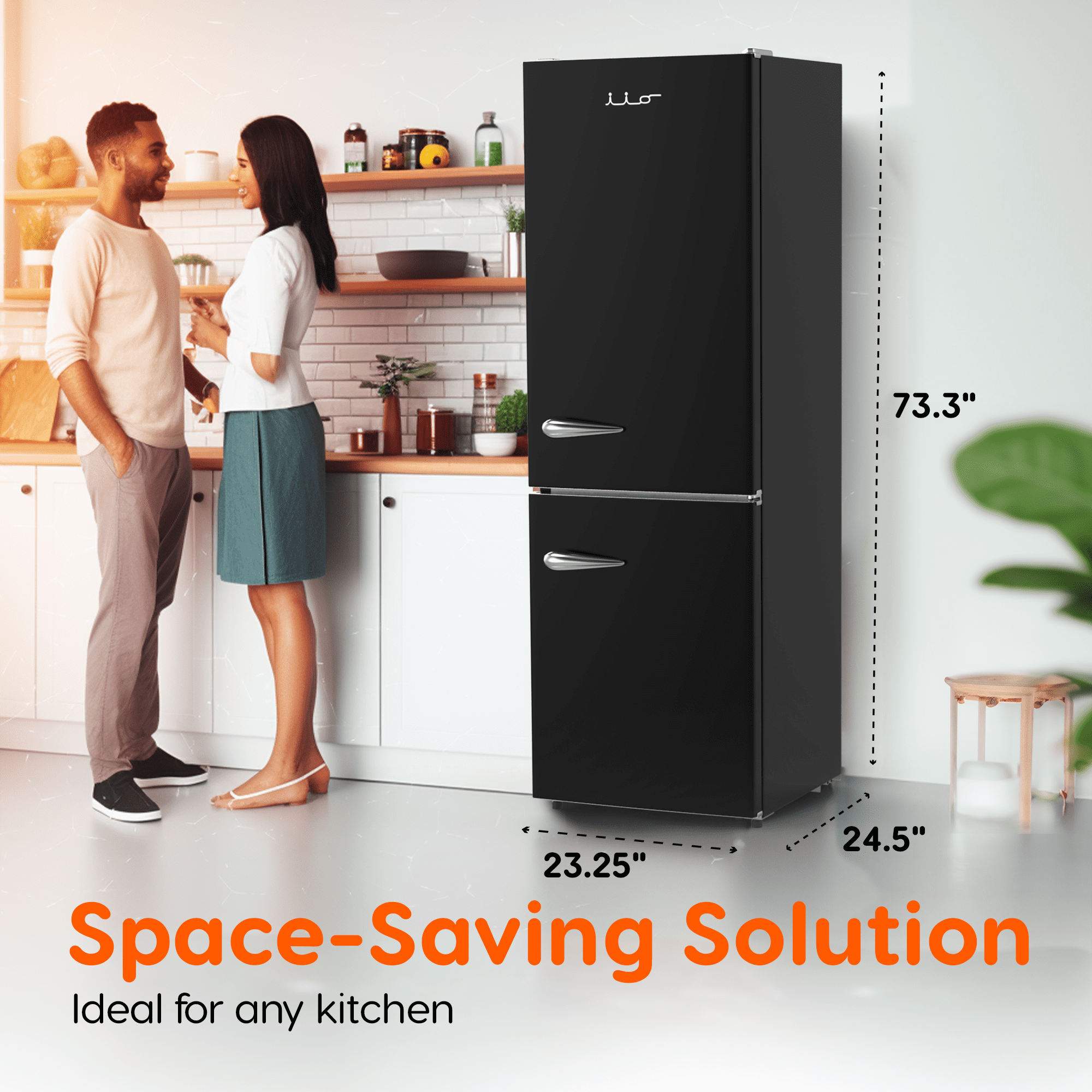 iio 24" 11 Cu Ft Bottom Freezer Retro Refrigerator, Fridge for Bedroom, Multiflow 360, Small Mini Ice Cube Tray, 1 Fruit container, LED, Dorm RV Office Beverage Quiet Compressor, Black (Right Hinge)