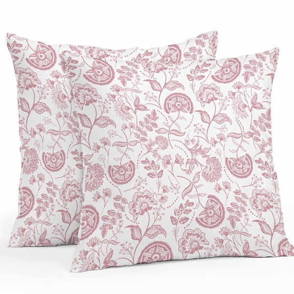 Boho Pink Floral Waterproof Outdoor Throw Pillow Covers 16''x16'' Pack 2, Pillow Cases Throw Cushion Cover with Zipper, Vintage Farmhouse Paisley Plant Leaf Washable Pillowcase for Poolside Sofa