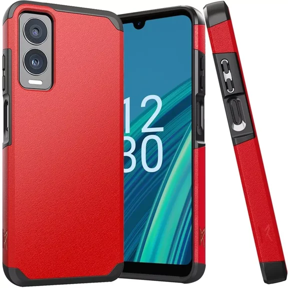 For Cricket Debut S3 Slim Shockproof Hybrid Cover Cellphone Case   Tempered Glass - mk Red