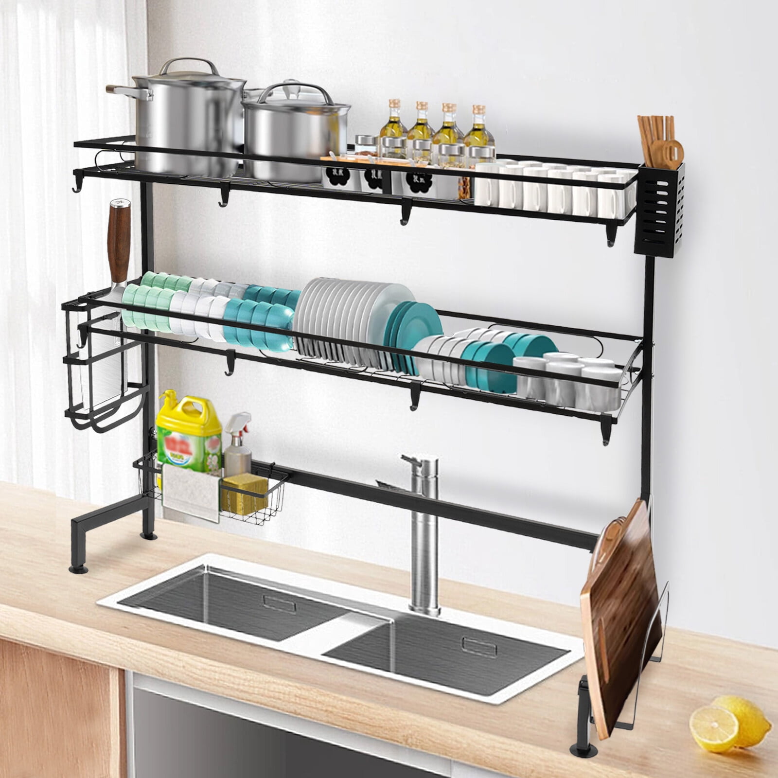 2 Tiers Over Sink Dish Drying Rack Cutlery Drainer Kitchen Shelf Cup Organizer Black for Home Kitchens