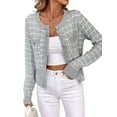 thumbnail image 3 of Womens - Blazer à Carreaux Habillé Décontracté Bouton devant Cardigan Col Rond Manches Longues Texture Tricot Vestes Gris P, 3 of 9