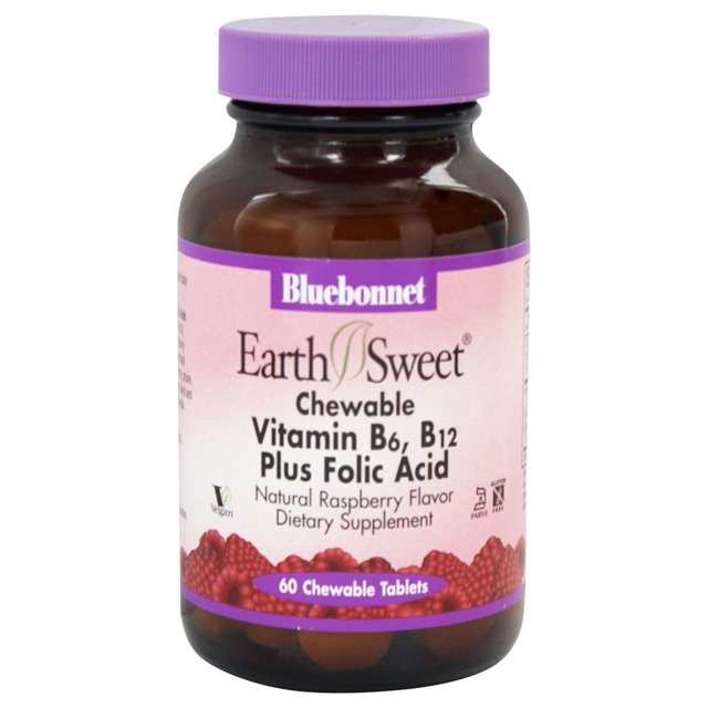 Bluebonnet Nutrition - Earth Sweet Chewable Vitamin B6 B12 Plus Folic Acid Natural Raspberry Flavor - 60 Chewable Tablets