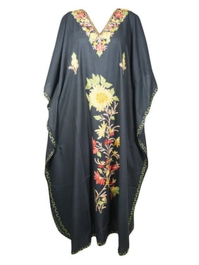 Mogul Women Jet Black Kaftan Maxi Dress Boho Loose Floral Embroidered Kimono Sleeves Resort Wear Cover Up Housedress 4XL