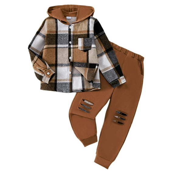 Quealent Toddler Boys Clothes Long Sleeve Flannel Plaid Button Shirt  Cargo Pants 2 Pcs Fall Winter Kids Outfits Set Coffee for Size 18-24 Months