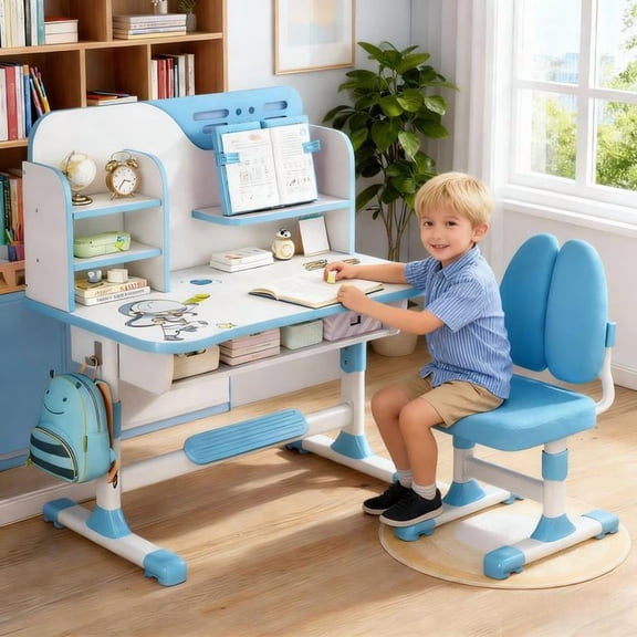 YNCE Kids Study Desk Chair Set, Height Adjustable School Study Writing Table Chair, Ergonomic Dual Back Support Chairs, Astronaut Pattern, 80cm Board, Bookshelf Drawer Storage, Gift for Boys Girls