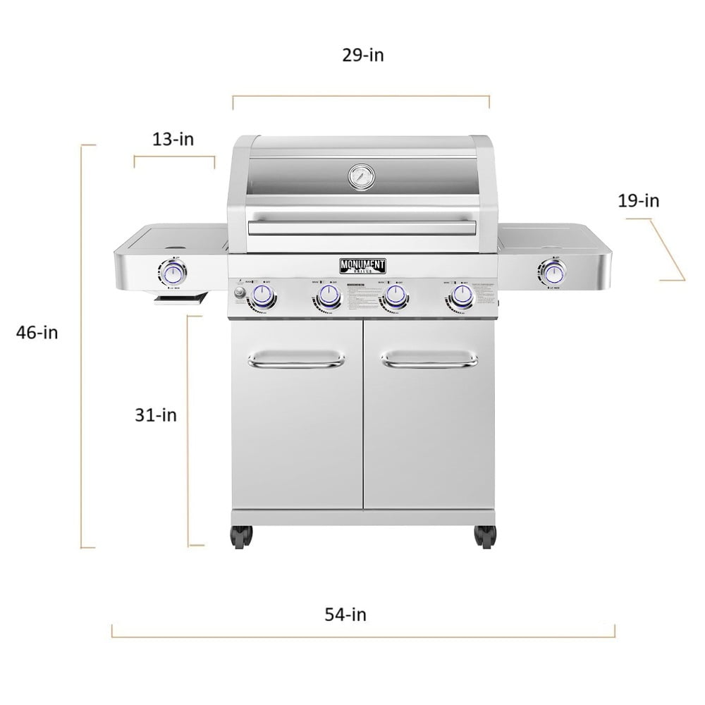 Monument Grills 4-Burner Propane Gas Grill in Stainless with Clear View Lid, LED Controls, Grill Cover, Side and Sear Burners