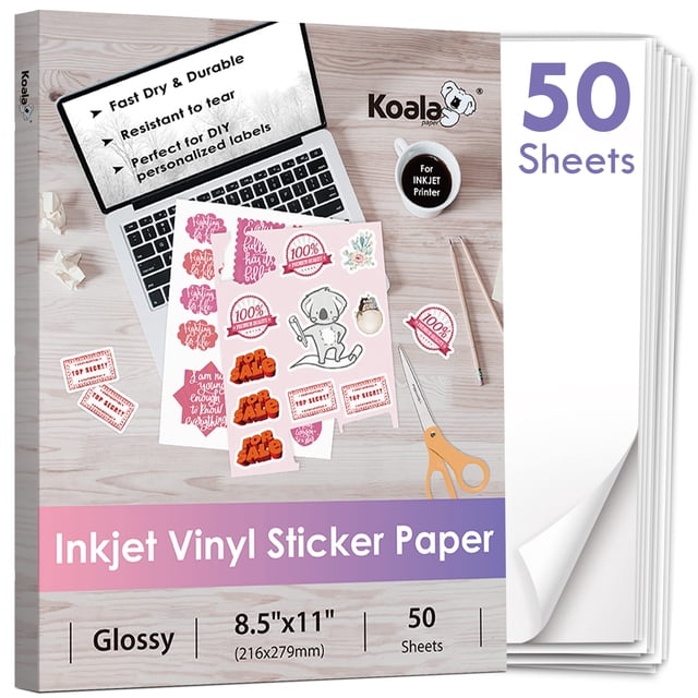 Papel adhesivo Koala, vinilo imprimible para impresora de inyección de tinta, 50 hojas