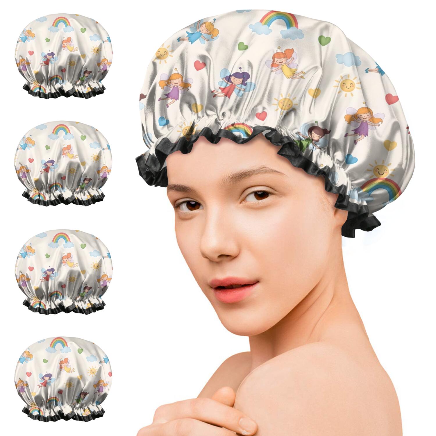 Shower Caps,Pastel Fairy Rainbow Pattern Waterproof Shower Cap for Women 4 Pieces,Double Reusable Hair Cover for Shower PEVA Elastic Stretch Hem