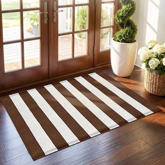 Voguly Brown White Striped Rug 2x3, Outdoor Front Door Mat, Washable Welcome Mats for Porch, Entryway, Farmhouse, Home Entrance, Spring Summer Indoor Outdoor Decor
