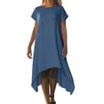 thumbnail image 4 of Hfnxid Cotton Short Sleeve Dresses for Women Round Neck Loose Fit Frock Fashion Asymmetrical Hem & Decor Buttons House Dress Loose Fit Lightweight Lounge Dresses Blue L, 4 of 8