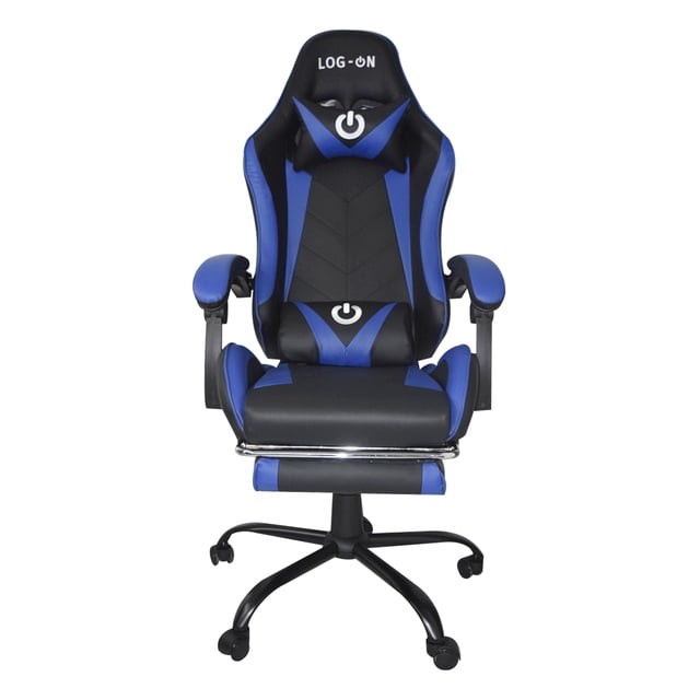 silla jugador gamer ergonómica ajustable reclinable azul log-on Silla gamer Log-On azul y negra con respaldo alto (80 cm), cojines ergonómicos desmontables para cabeza y lumbar, reposabrazos 2D, asiento giratorio 360°, reclinable hasta 180° y reposapiés desplegable; base con ruedas y estructura robusta para uso en PC gamer.