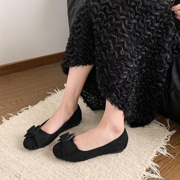 BLTIBY Womens Casual Slip-On Flat Shoes with Bow Detail Soft Sole Comfortable Faux Suede Upper Lightweight Wear Black 36